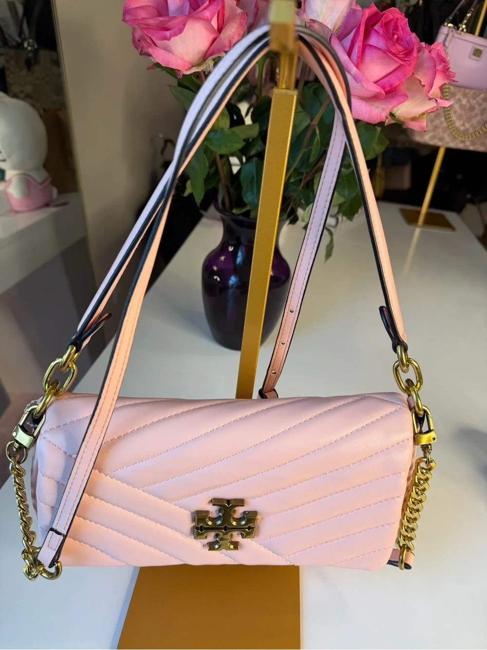 Tory Burch Kira Chevron Small Flap Pink Gold Shoulder Bag Logo 💕🛍️